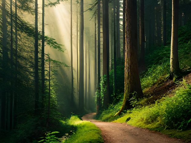 A path in a forest with the sun shining through the trees