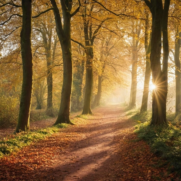 Photo a path in a forest with trees and a sun shining through them