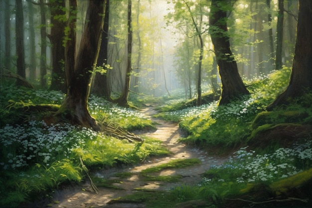 A path in the forest with wildflowers