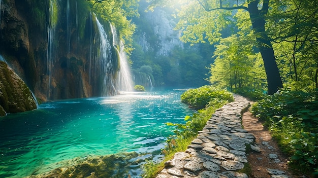 Photo a path in front of a waterfall with a waterfall in the background