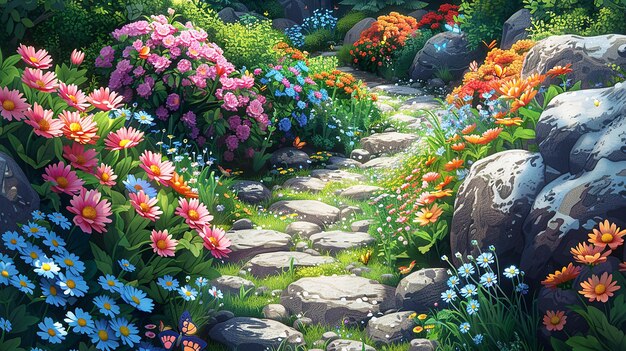 Photo a path in the garden with flowers and rocks