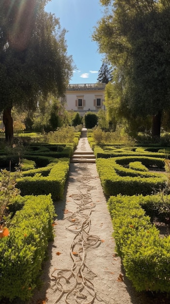 A path in a garden with a hedge in the middle and a house in the background.