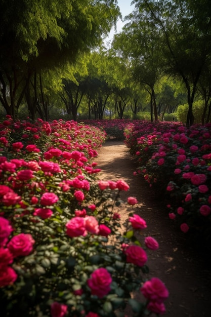 A path in a garden with a lot of flowers.