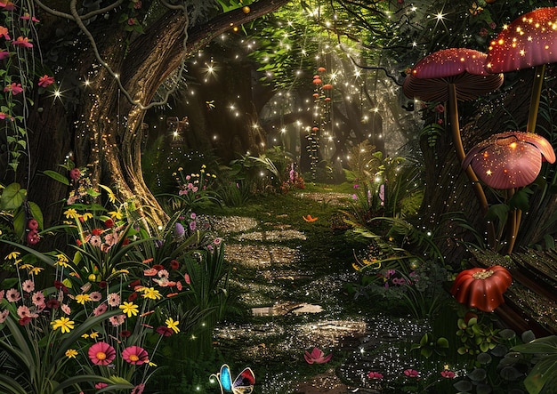 a path in a garden with a path leading to a fairy garden