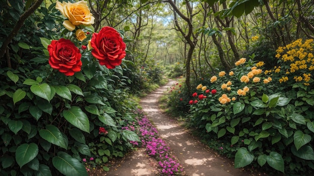 A path in the garden with red and yellow flowers