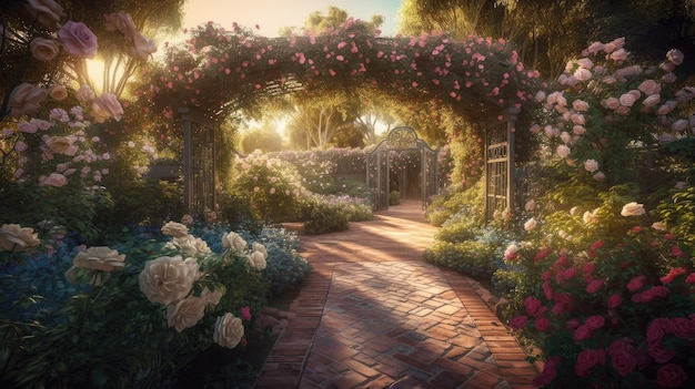 A path in a garden with roses on it