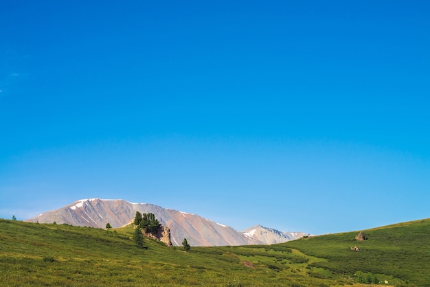 Path to giant mountains with snow across green valley under clear blue sky