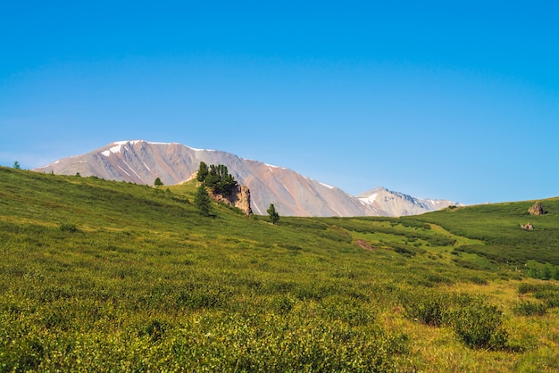 Path to giant mountains with snow across green valley under clear blue sky