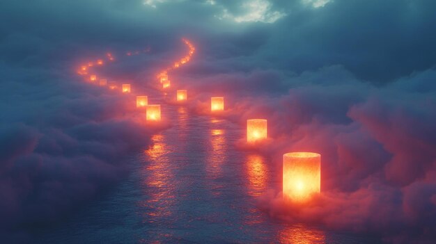 Photo path of glowing lanterns in the clouds generative ai