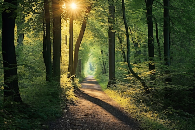 Path in the green forest at sunrise Nature composition Sunlight through the trees