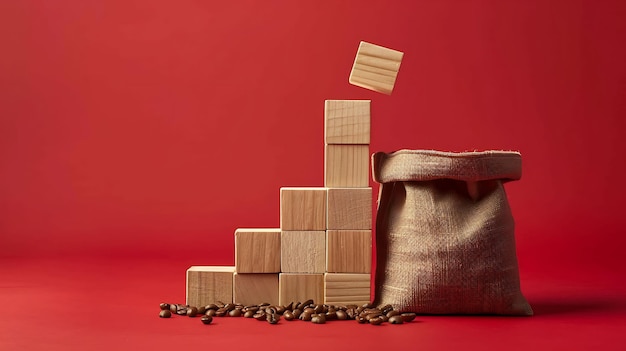 Path to Growth Wooden Arrow Blocks and Coffee Bean Bag on Red Background