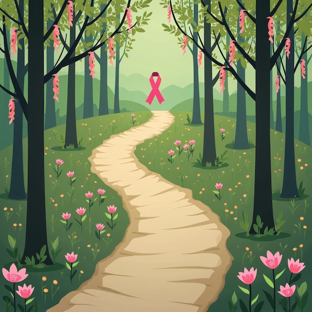 Photo a path to hope breast cancer awareness poster with pink ribbons in a peaceful forest path natura