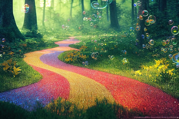 The path is decorated with multicolored mazayka 3D rendering raster illustration