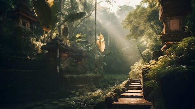 A path in a jungle with a light shining through it