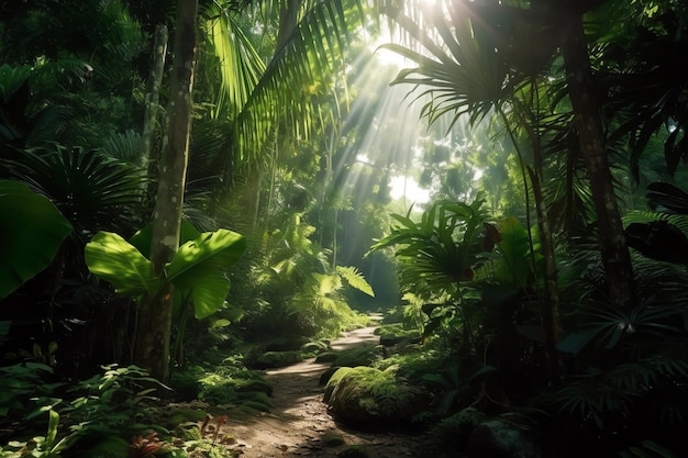 A path in the jungle with the sun shining through the leaves