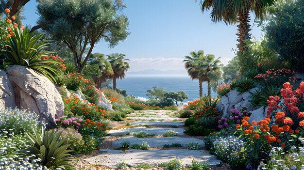 Photo a path leading to a beach with palm trees and a view of the ocean