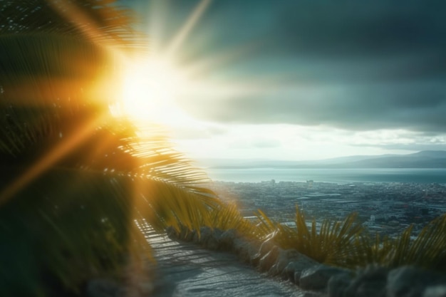 A path leading to a city with the sun shining through the leaves