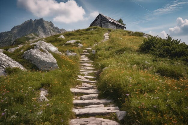 A path leading to a house on a mountain Generative AI