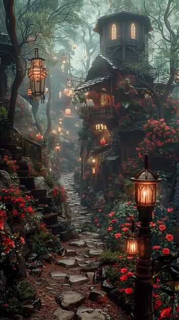 a path leading to a house with a lantern on it