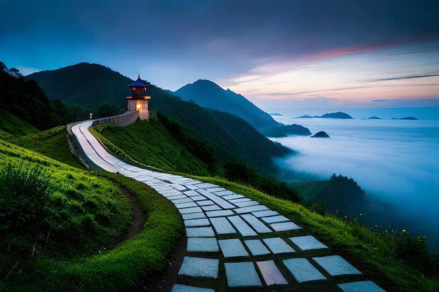 a path leading to a lighthouse at night