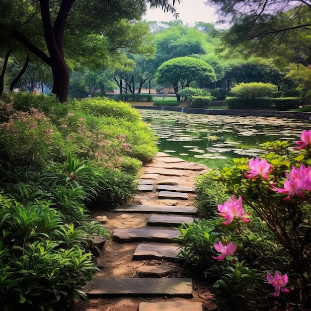 A path leading to a pond with pink flowers.