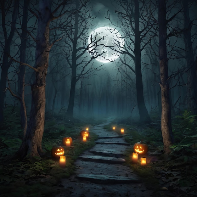 a path leading to a spooky forest with pumpkins on it