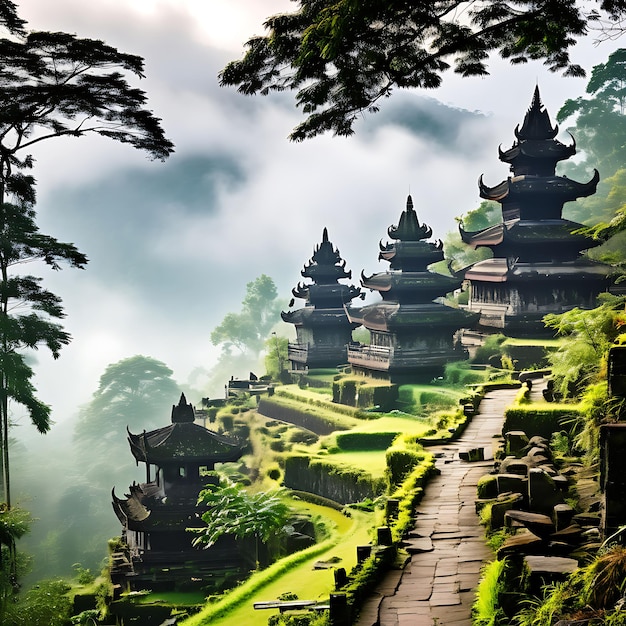 a path leading to a temple with a mountain in the background