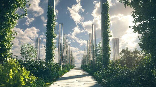 Photo a path leading through a lush green forest with tall reflective pillars