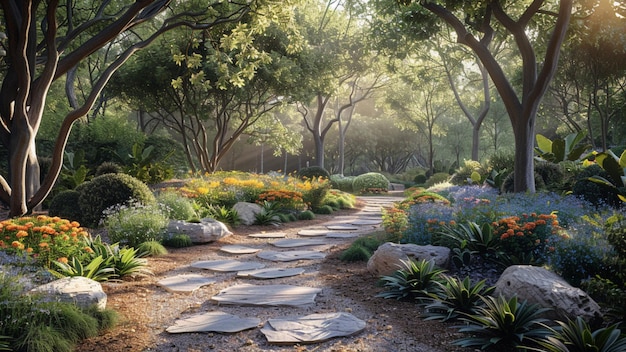 a path leads to a garden with a path that leads to a garden