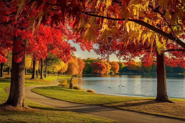 a path leads to a lake with a duck swimming in the water