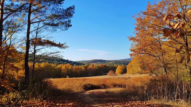 A path leads through a field with fall foliage and trees