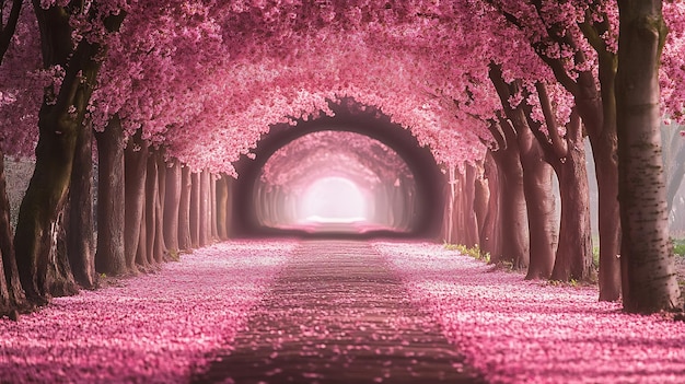 Photo a path lined with pink cherry blossom trees leading to a bright light at the end