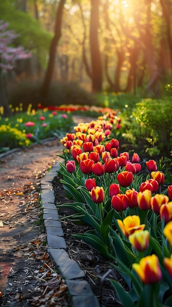 A path lined with red and yellow tulips