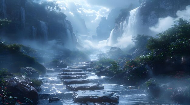 Photo a path made of stones in the middle a waterfall on each side misty environment