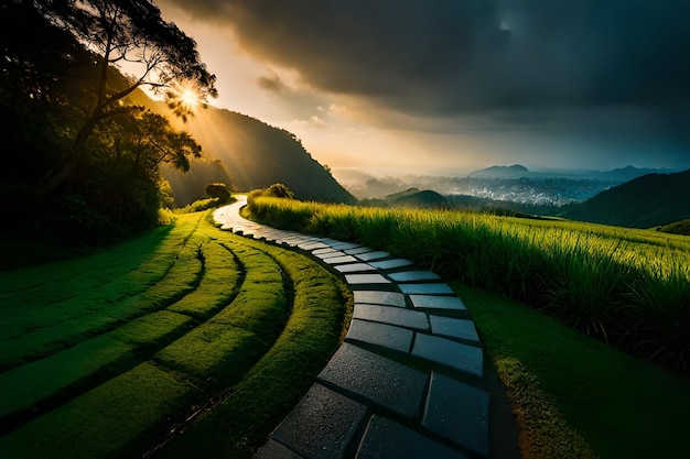 a path in the middle of a field with a sunset