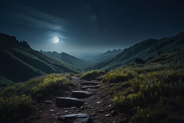 a path to the moonlit mountains at night