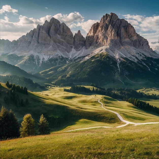 Photo a path in the mountains with flowers and mountains in the background