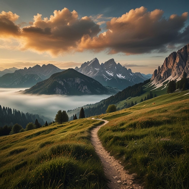 Photo a path in the mountains with flowers and mountains in the background