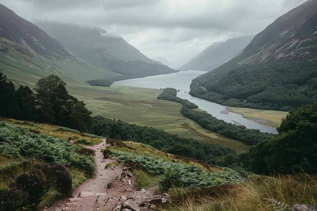 The path in the mountains with green valleys and cloudy sky