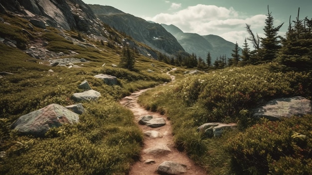 A path in the mountains with a mountain in the background