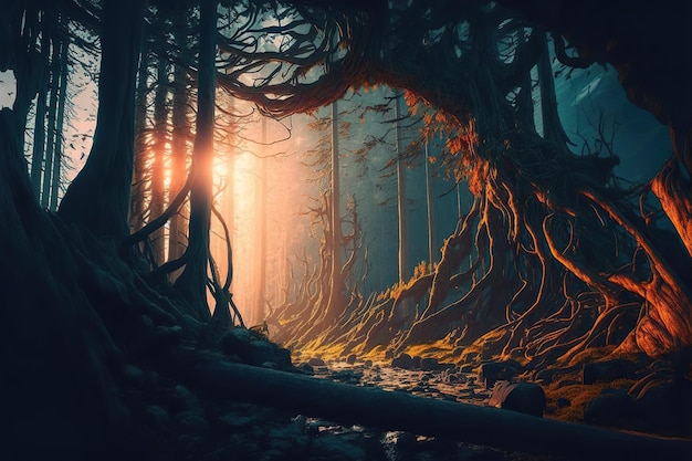 Path in mysterious forest mystical landscape at dawn sunset Twisted trees in the highlands moss