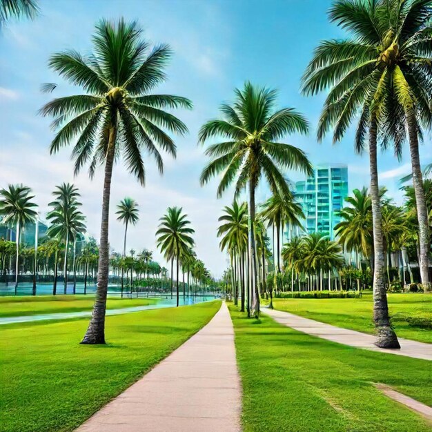 a path between palm trees with a building in the background