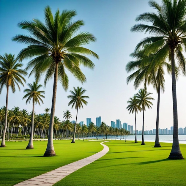 a path between palm trees with a city in the background