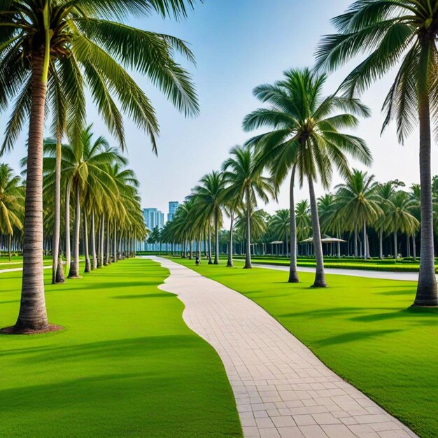 a path between palm trees with a walkway leading to the beach