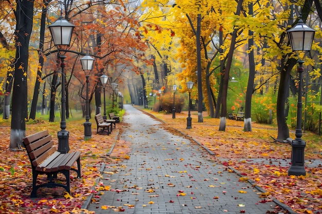 A path in a park with benches and trees