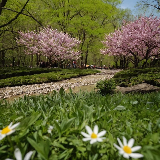 Photo a path in a park with many trees and flowers