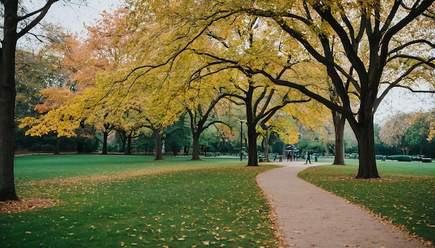 Photo a path in a park with a path that has fallen leaves on it