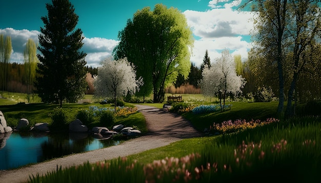 A path in a park with a tree and a bench in the foreground