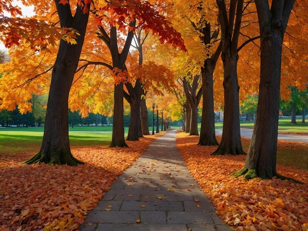 a path in a park with a tree lined path