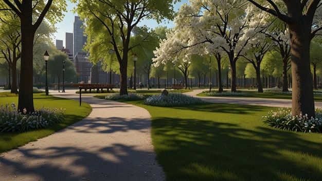 Photo a path in a park with trees and a bench